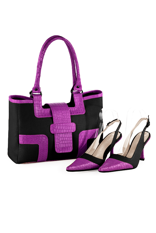 Matt black and mauve purple women's dress handbag, matching pumps and belts. Top view - Florence KOOIJMAN